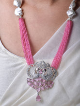 Pink & White Beads With Zircona Peckock Pendant