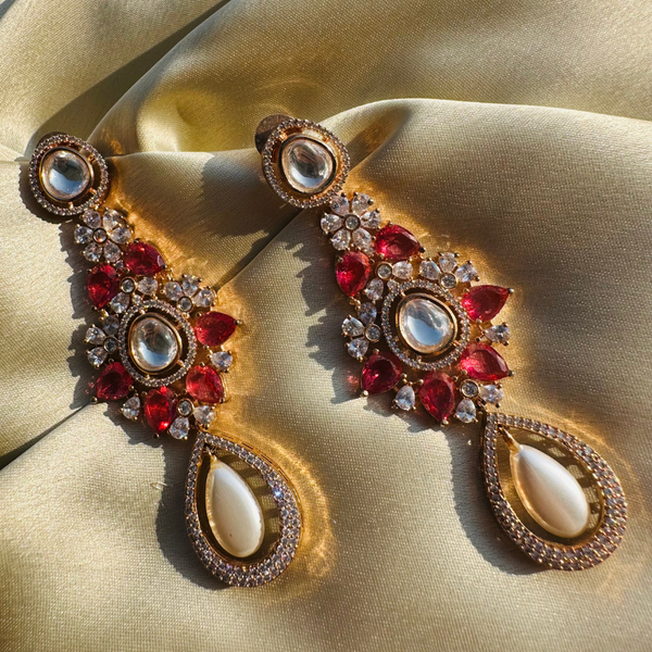 Ruby Kundan Floral Earrings With Pearl Drops