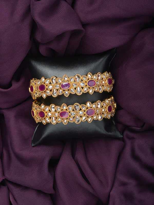 Luxe Polki & Ruby Blossom Adjustable Kada (Gold Polish)