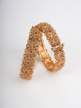 Luxe Brass Ruby & Kundan Floral Adjustable Bangle (Gold Polish)