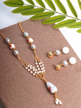 Printed White Beads Trio Layered Chain With Earings