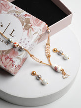 Printed White Beads Trio Layered Chain With Earings