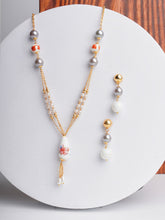 Printed White Beads Trio Layered Chain With Earings