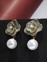 Gray Floral Earrings With Pearl Drop