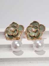 Gray Floral Earrings With Pearl Drop