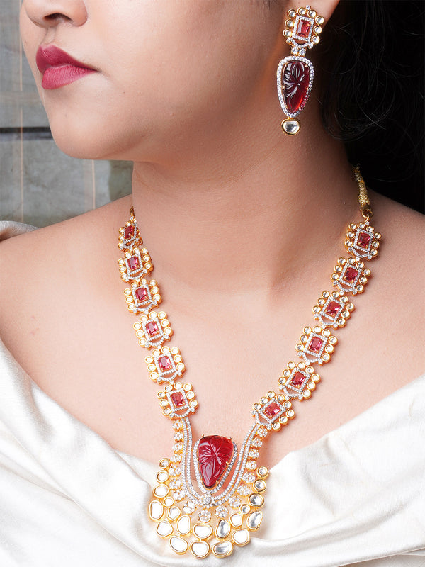 Kundan Zircona Necklace with Red Handcrafted Stone