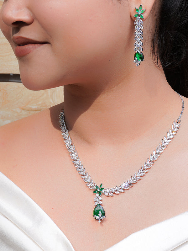 Silver Zircona Necklace Set with Emerald Green Drop