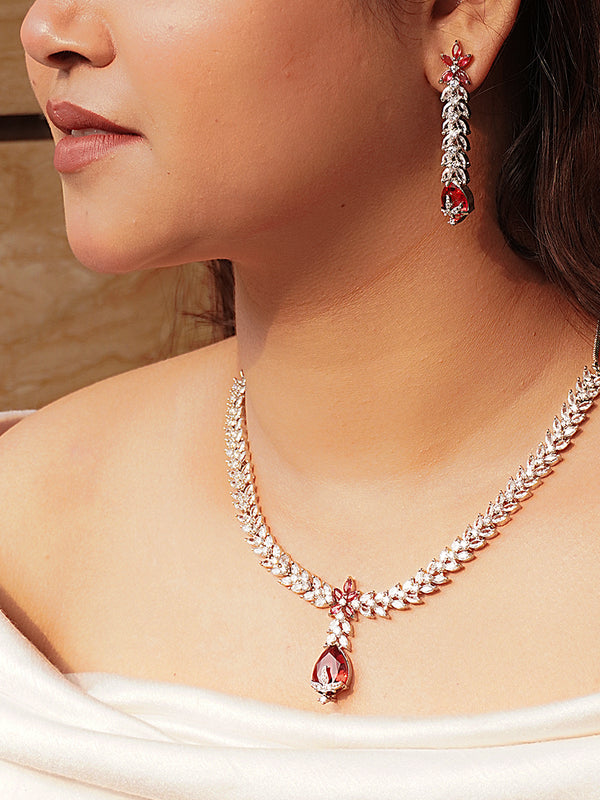 Silver Zircona Necklace Set with Ruby Drop