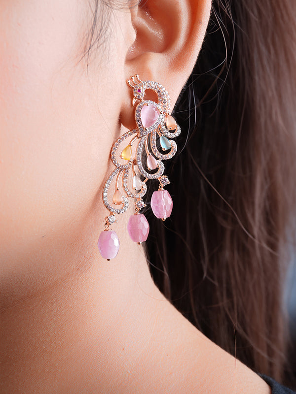 Luxe Graceful Peacock earrings with Pink Drops