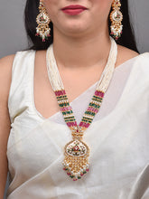 White  Meena Pendant Set with Pink & Green Onyx Beads