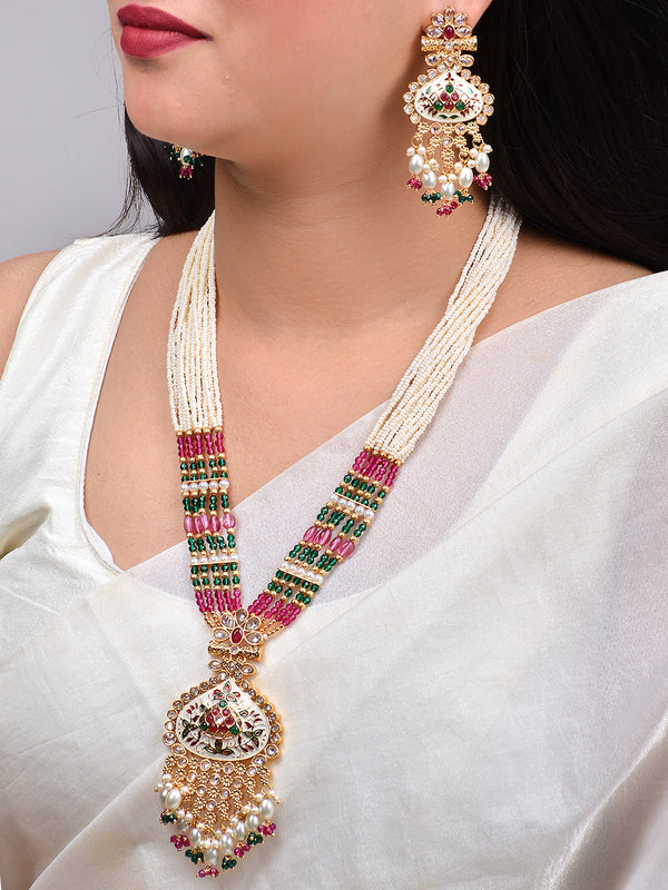 White  Meena Pendant Set with Pink & Green Onyx Beads