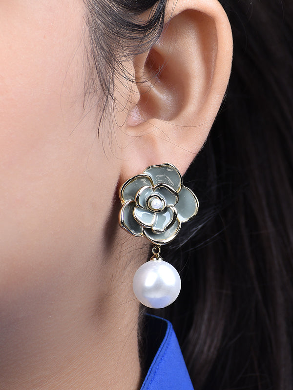 Gray Floral Earrings With Pearl Drop