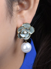 Gray Floral Earrings With Pearl Drop