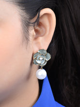 Gray Floral Earrings With Pearl Drop